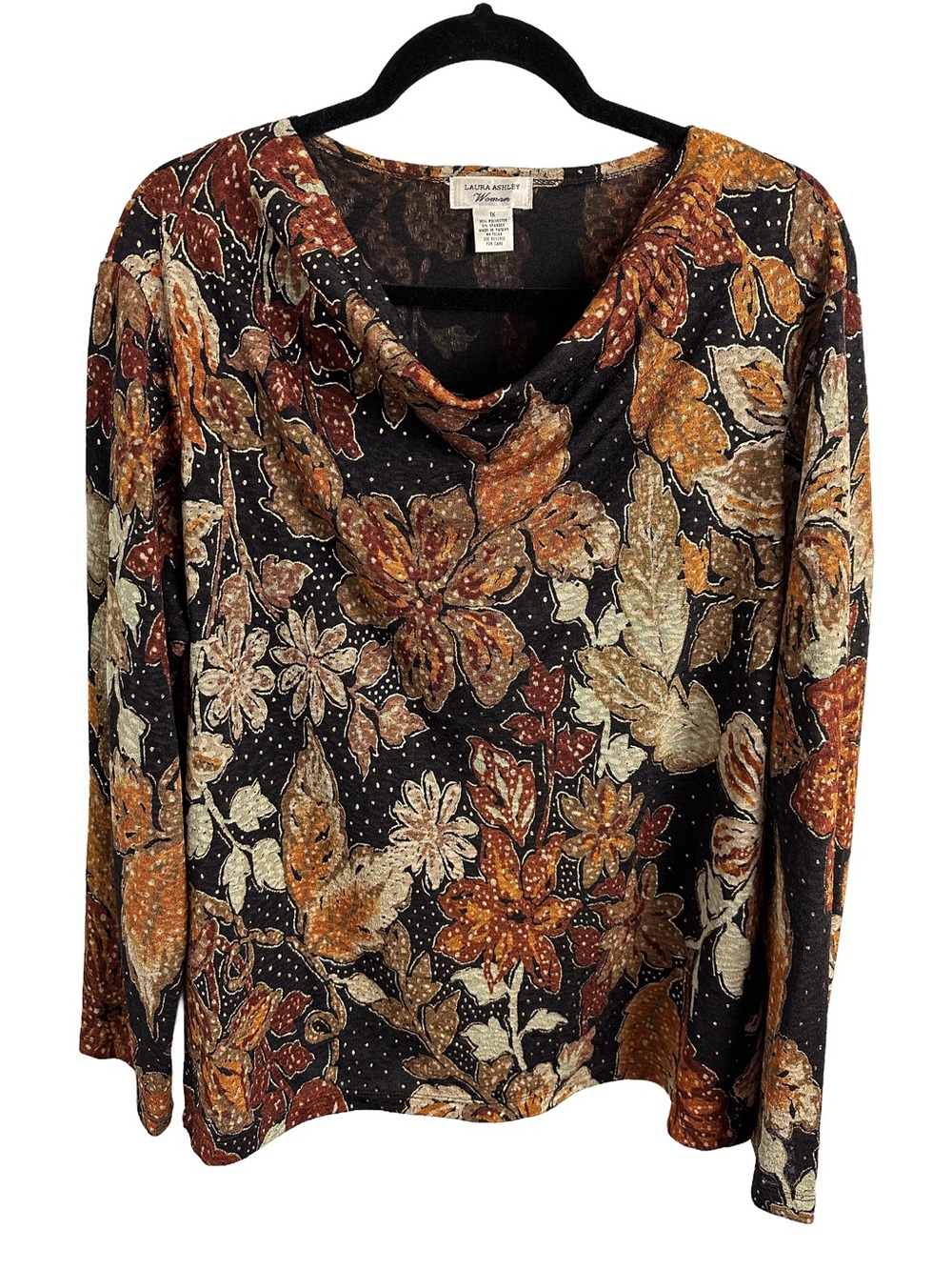 Laura Ashley Black Floral Cowl Neck Top with Rust and Cream Accents 1X